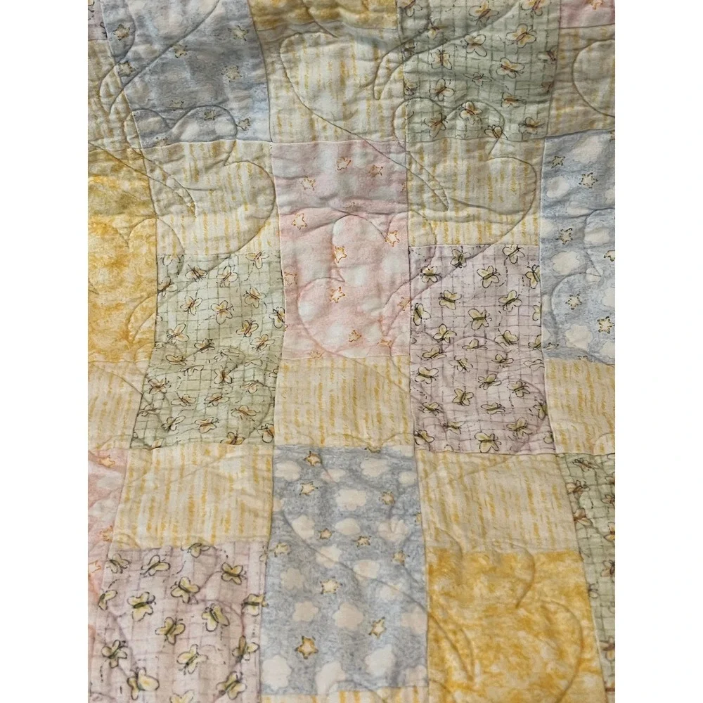 Handmade Patchwork Quilt Pastel Butterfly Star Heart Quilted Baby Blanket Yellow